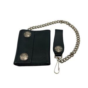 Men's Black Leather Buffalo Nickel Snap 12" Silver Chain Biker Trucker Wallet